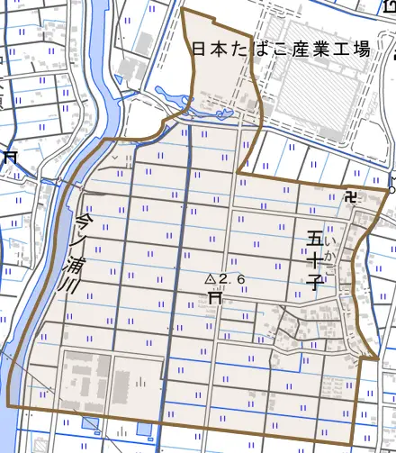 五十子とその周辺の地図。町の範囲を重ねている