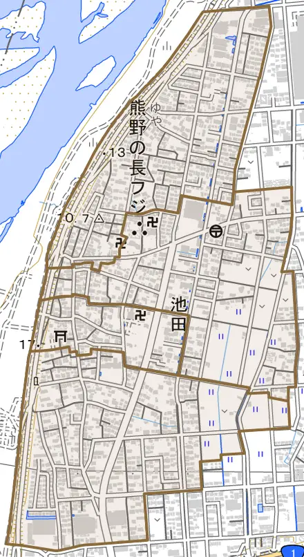 池田とその周辺の地図。町の範囲を重ねている
