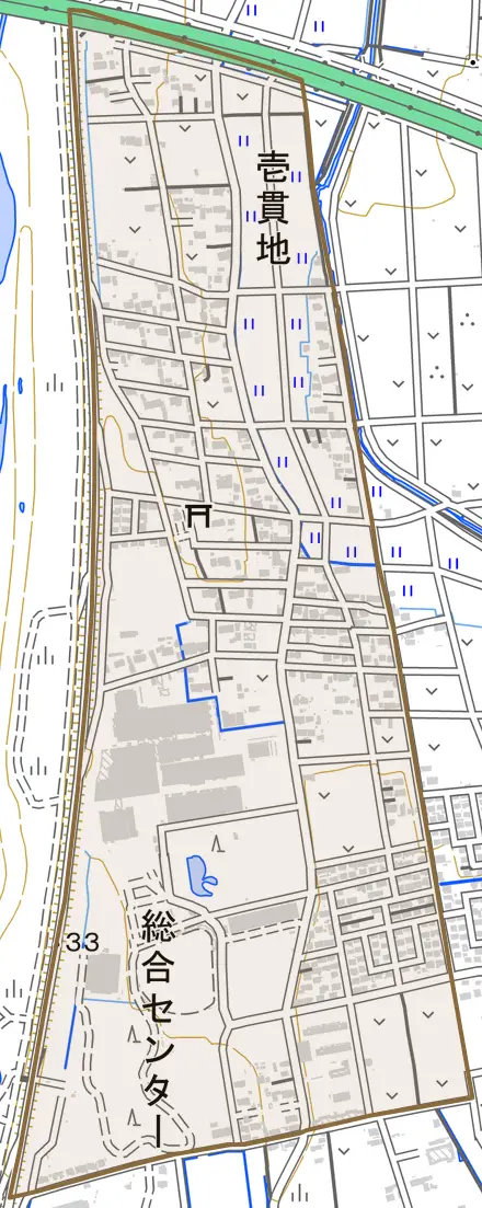 壱貫地とその周辺の地図。町の範囲を重ねている