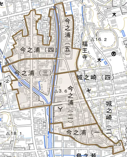 今之浦とその周辺の地図。町の範囲を重ねている