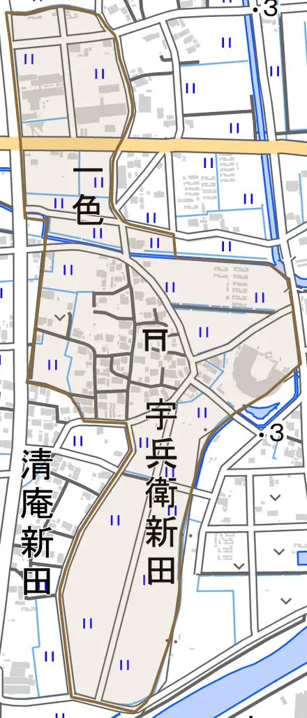 一色とその周辺の地図。町の範囲を重ねている