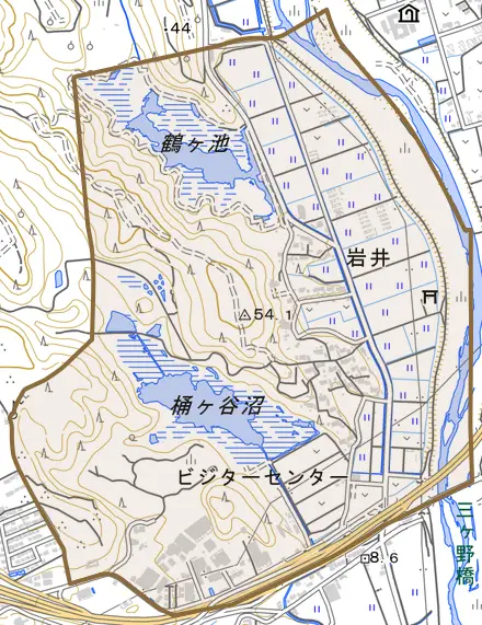 岩井とその周辺の地図。町の範囲を重ねている