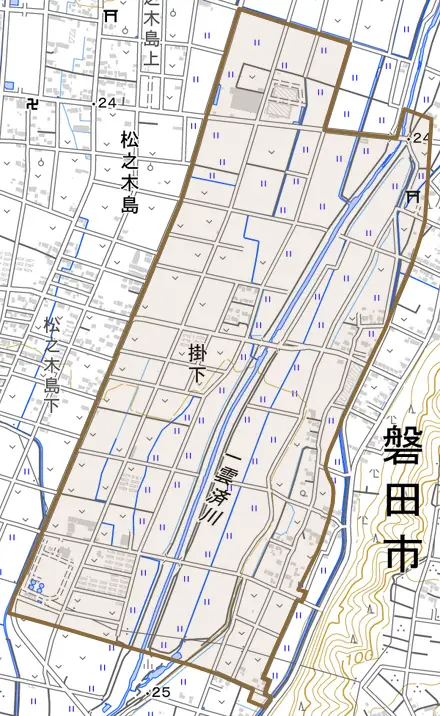 掛下とその周辺の地図。町の範囲を重ねている