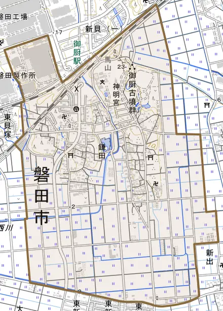 鎌田とその周辺の地図。町の範囲を重ねている