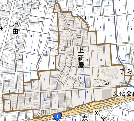 上新屋とその周辺の地図。町の範囲を重ねている