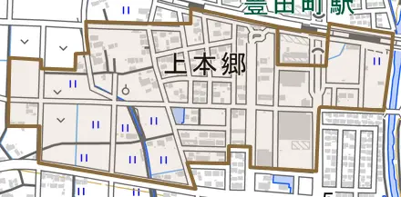 上本郷とその周辺の地図。町の範囲を重ねている