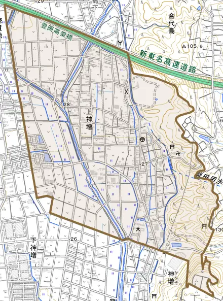 上神増とその周辺の地図。町の範囲を重ねている
