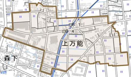 上万能とその周辺の地図。町の範囲を重ねている