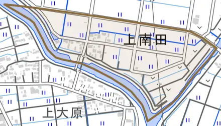 上南田とその周辺の地図。町の範囲を重ねている