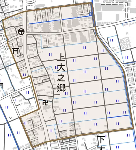 上大之郷とその周辺の地図。町の範囲を重ねている