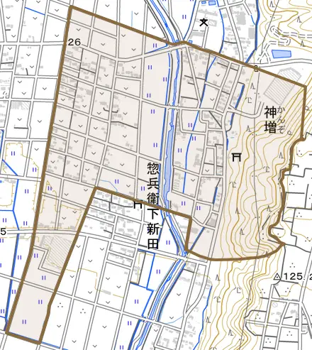 神増とその周辺の地図。町の範囲を重ねている