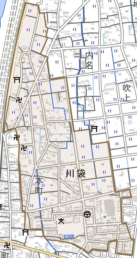 川袋とその周辺の地図。町の範囲を重ねている