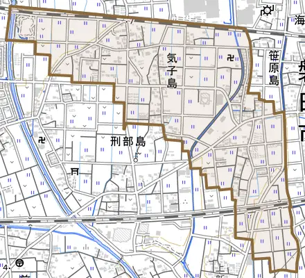 気子島とその周辺の地図。町の範囲を重ねている