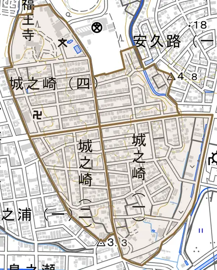 城之崎とその周辺の地図。町の範囲を重ねている