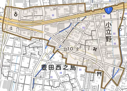 小立野とその周辺の地図。町の範囲を重ねている