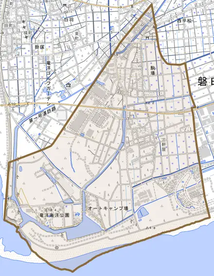 駒場とその周辺の地図。町の範囲を重ねている