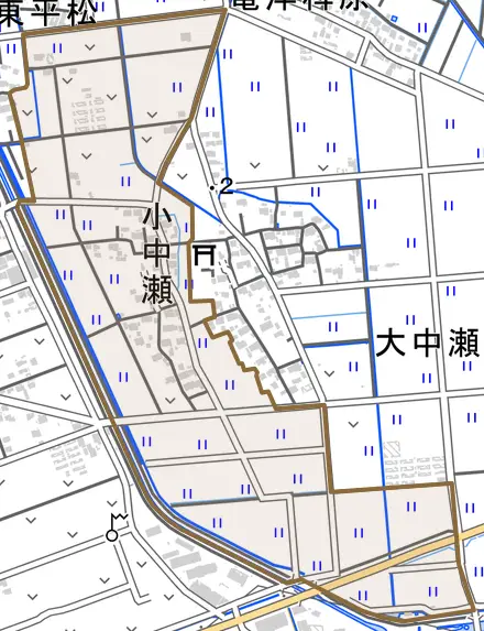 小中瀬とその周辺の地図。町の範囲を重ねている