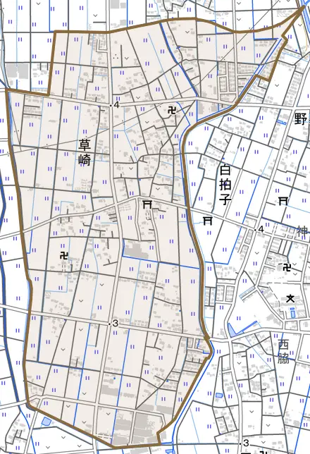 草崎とその周辺の地図。町の範囲を重ねている