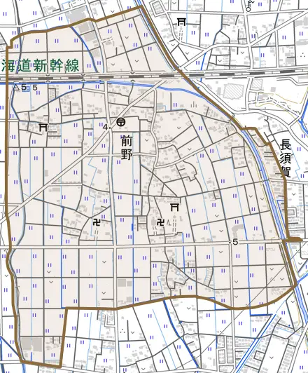 前野とその周辺の地図。町の範囲を重ねている