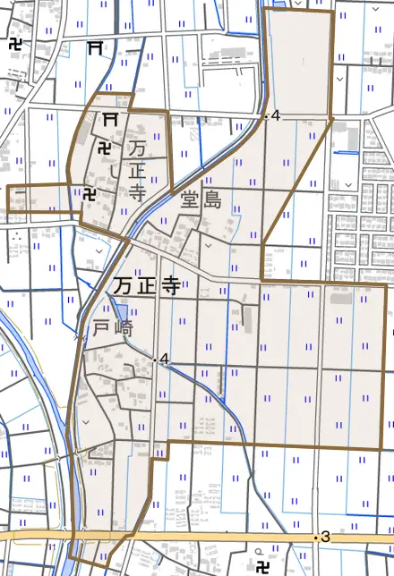 万正寺とその周辺の地図。町の範囲を重ねている