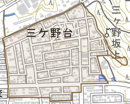 三ケ野台とその周辺の地図。町の範囲を重ねている