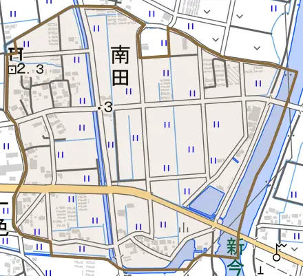南田とその周辺の地図。町の範囲を重ねている