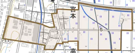 宮本とその周辺の地図。町の範囲を重ねている