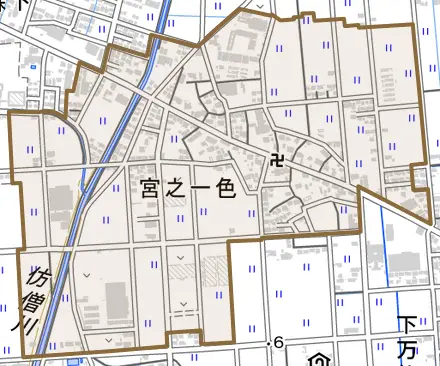 宮之一色とその周辺の地図。町の範囲を重ねている
