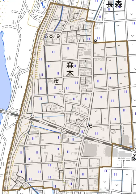 森本とその周辺の地図。町の範囲を重ねている