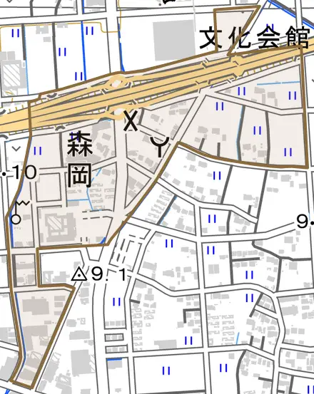 森岡とその周辺の地図。町の範囲を重ねている