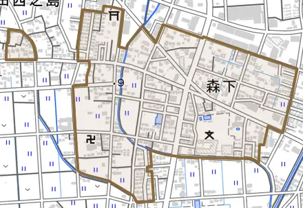 森下とその周辺の地図。町の範囲を重ねている