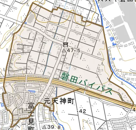 元天神町とその周辺の地図。町の範囲を重ねている