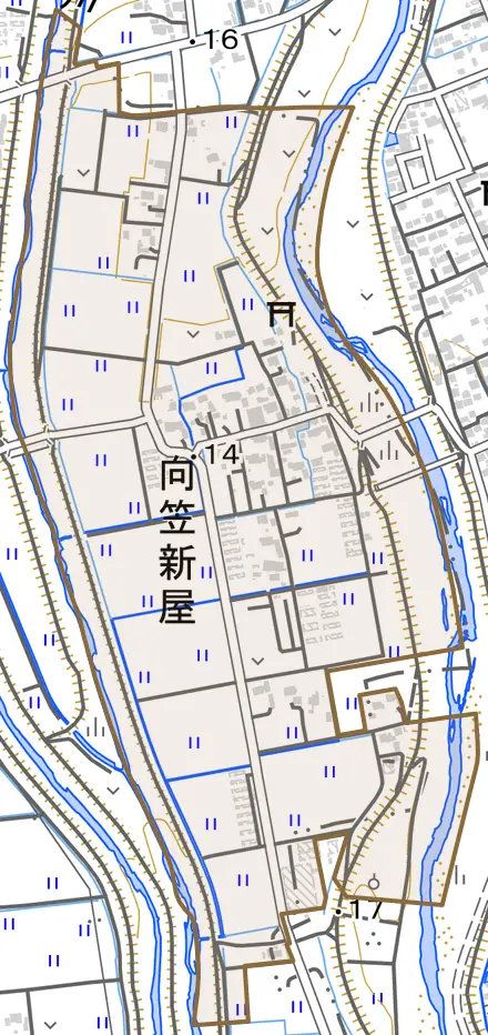 向笠新屋とその周辺の地図。町の範囲を重ねている