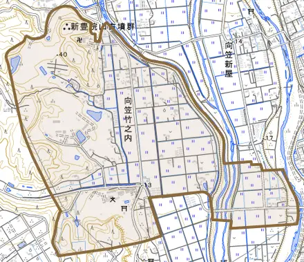 向笠竹之内とその周辺の地図。町の範囲を重ねている