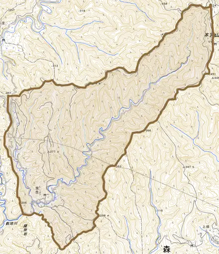 虫生とその周辺の地図。町の範囲を重ねている