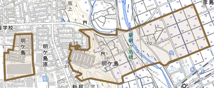 明ケ島とその周辺の地図。町の範囲を重ねている