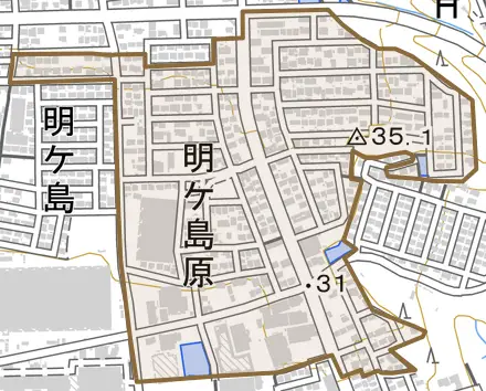 明ケ島原とその周辺の地図。町の範囲を重ねている
