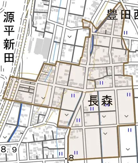 長森とその周辺の地図。町の範囲を重ねている