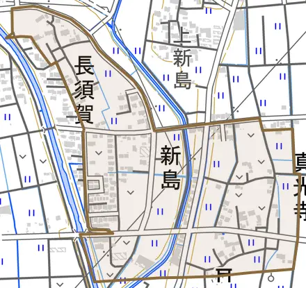 長須賀とその周辺の地図。町の範囲を重ねている