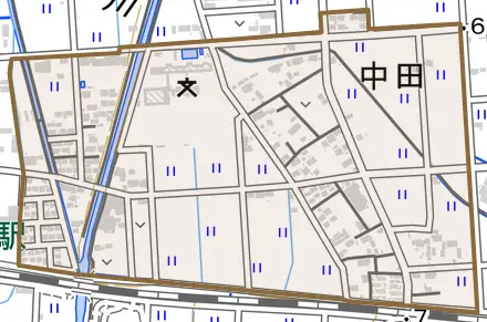 中田とその周辺の地図。町の範囲を重ねている