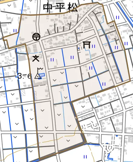 中平松とその周辺の地図。町の範囲を重ねている
