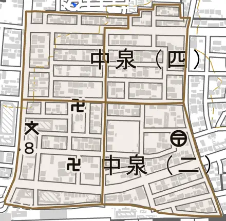 中泉とその周辺の地図。町の範囲を重ねている