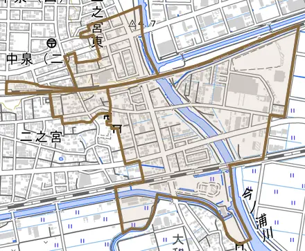 二之宮とその周辺の地図。町の範囲を重ねている