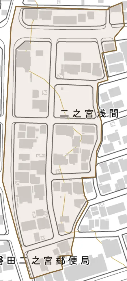 二之宮浅間とその周辺の地図。町の範囲を重ねている