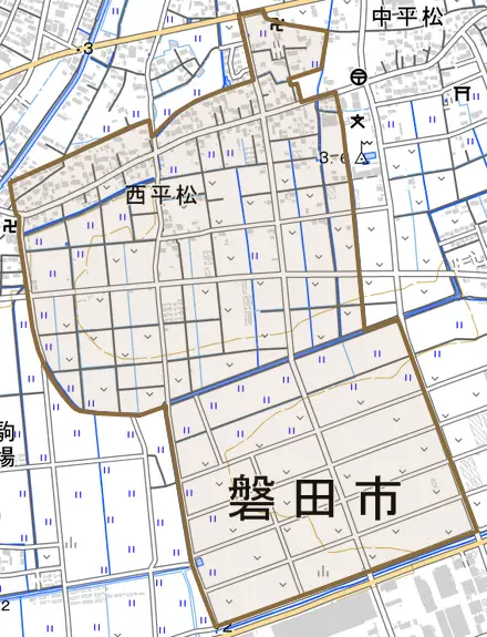 西平松とその周辺の地図。町の範囲を重ねている