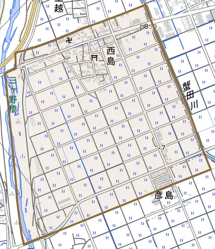 西島とその周辺の地図。町の範囲を重ねている