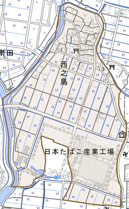 西之島とその周辺の地図。町の範囲を重ねている