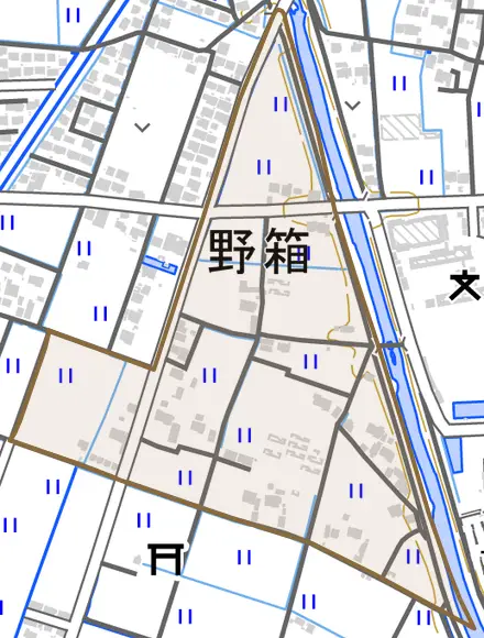 野箱とその周辺の地図。町の範囲を重ねている