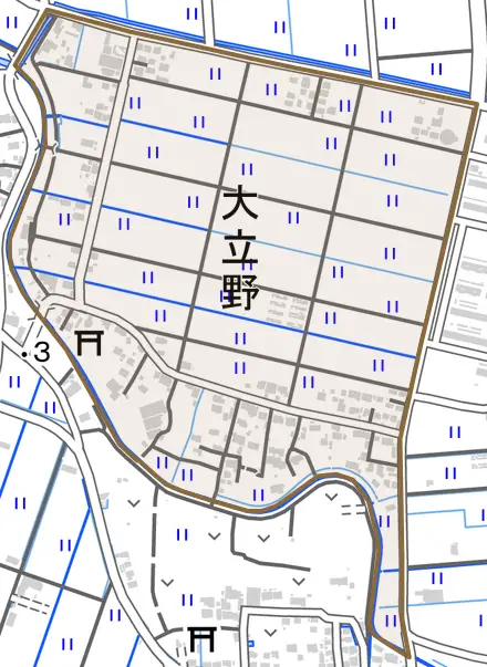 大立野とその周辺の地図。町の範囲を重ねている
