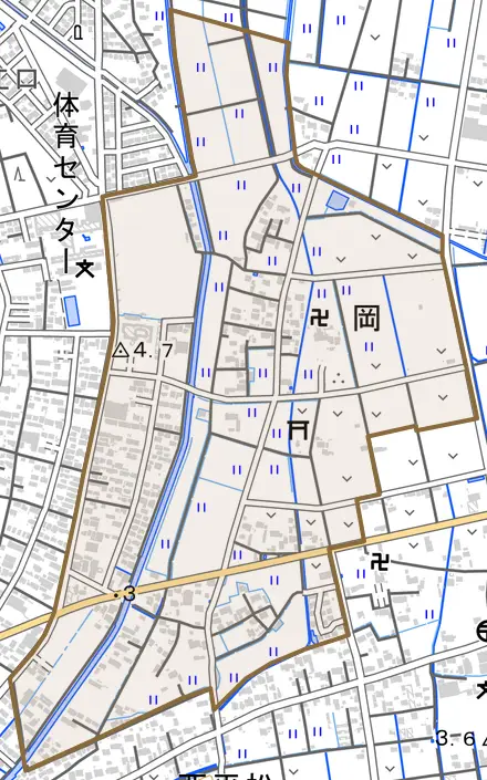 岡とその周辺の地図。町の範囲を重ねている